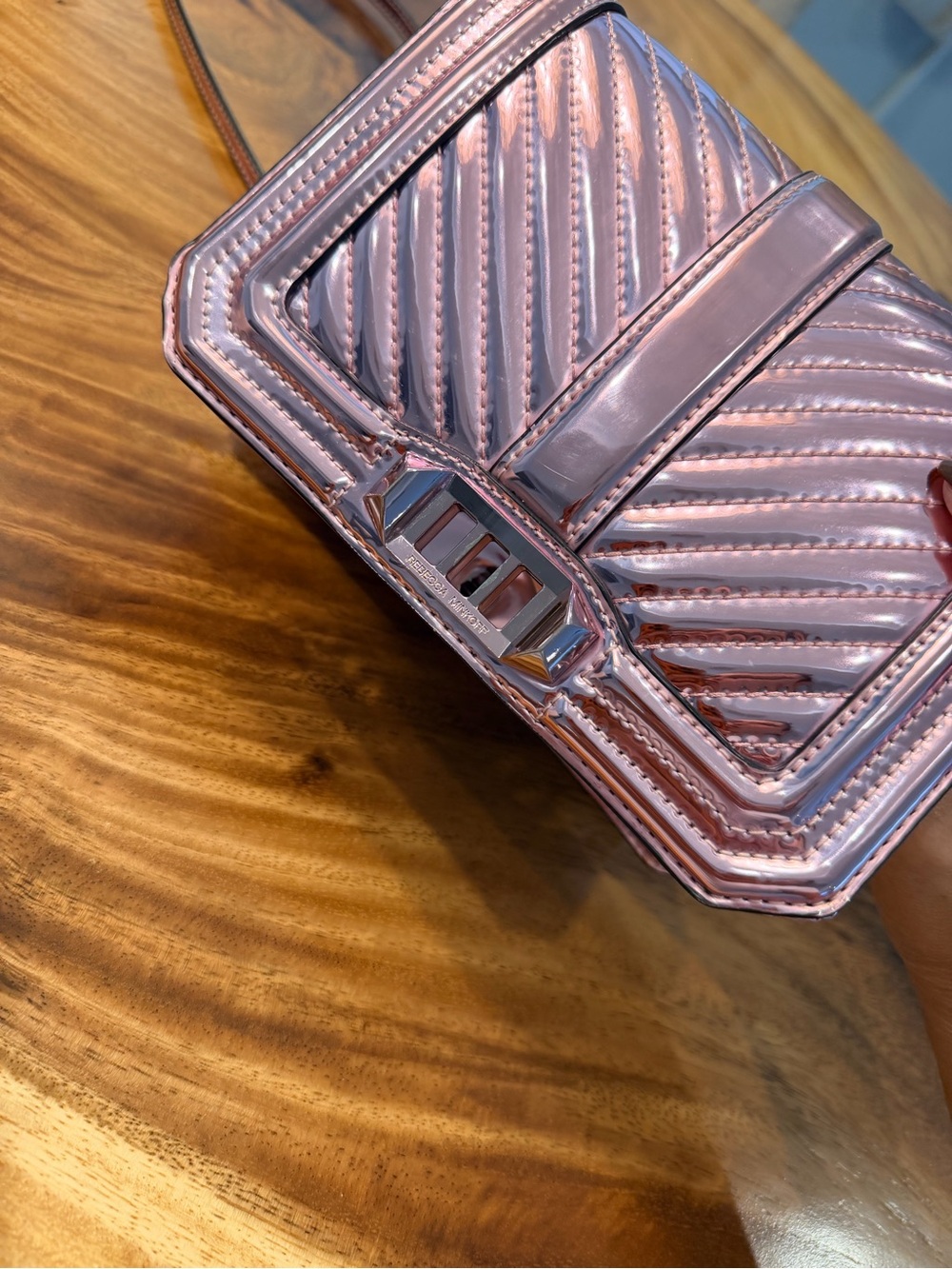 Rebecca Minkoff Chevron Quilted Love Crossbody Metallic Rose Gold Finish GUC - Picture 7 of 17